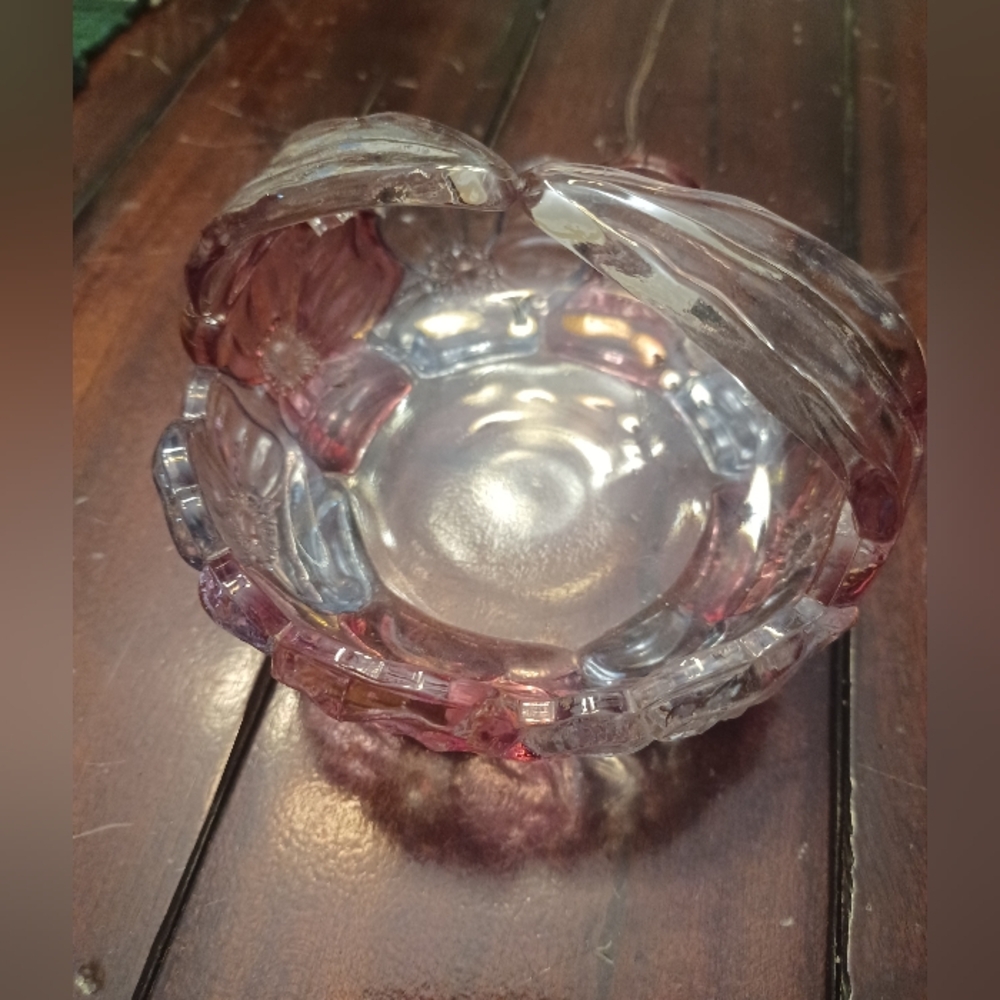 Westmoreland Pink And Iridescent Glass Flower Basket Candy Dish Mid century